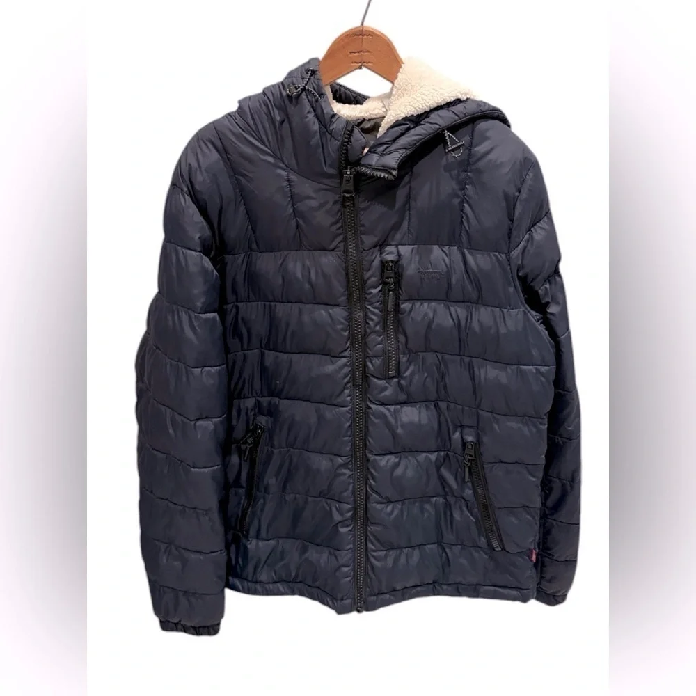 Levi's Blue Quilted Puffer Jacket with Sherpa Lined Hood Men's Size Small